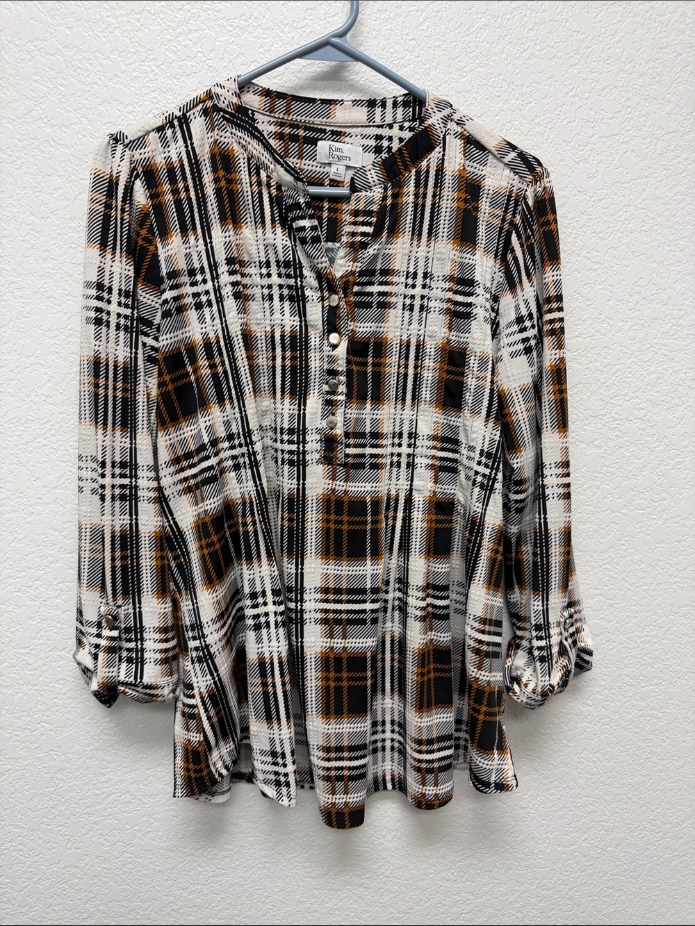 Kim Rogers Black, White & Mustard Plaid Button Henley Tunic